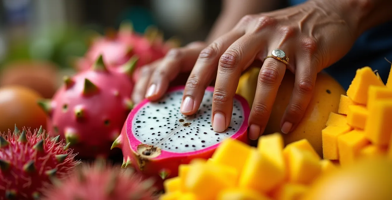 Person erfährt bewusst verschiedene Texturen auf einem Markt in Costa Rica