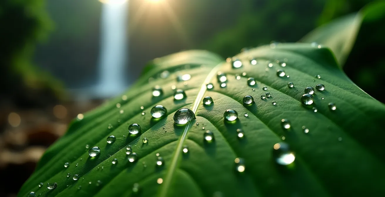 Makroaufnahme von Wassertropfen auf tropischem Blatt mit verschwommenem Wasserfall im Hintergrund