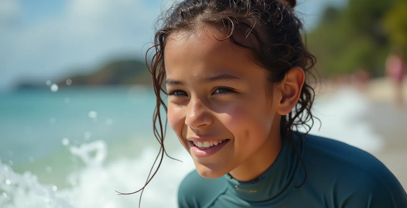 Surfanfänger üben im flachen Wasser mit Instructor an der Pazifikküste