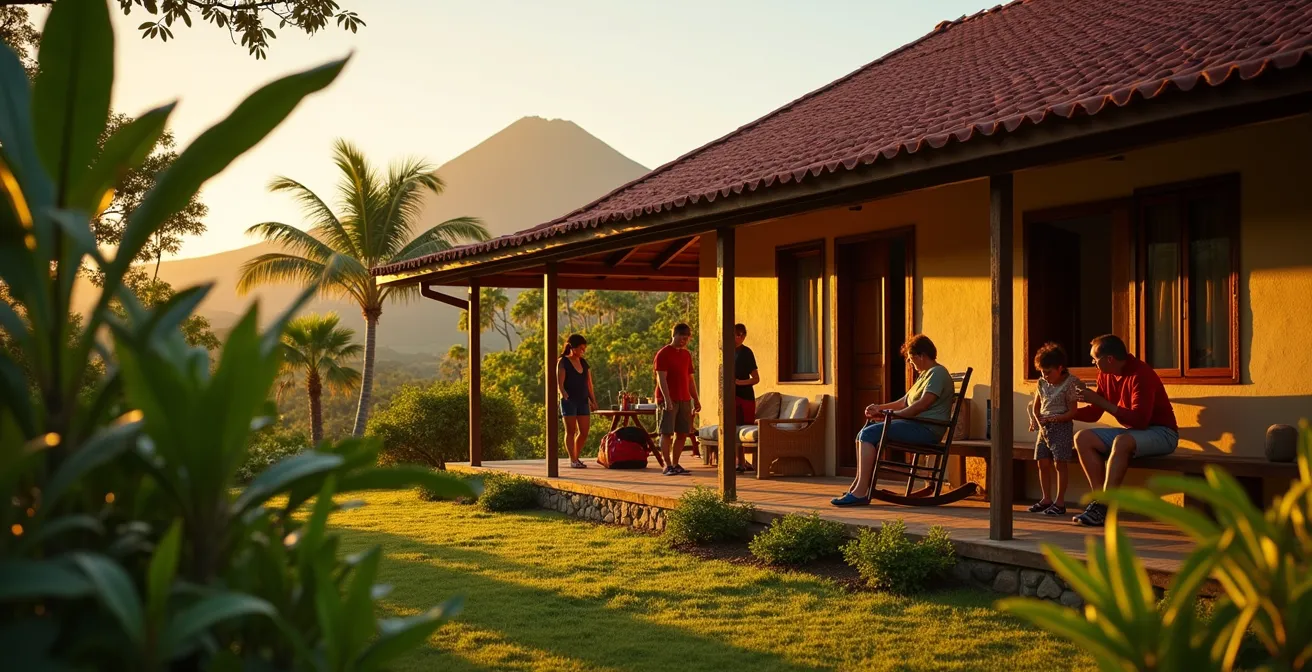 Mehrgenerationenfamilie in ihrer traditionellen costa-ricanischen Pension auf der Veranda sitzend, umgeben von tropischen Pflanzen.