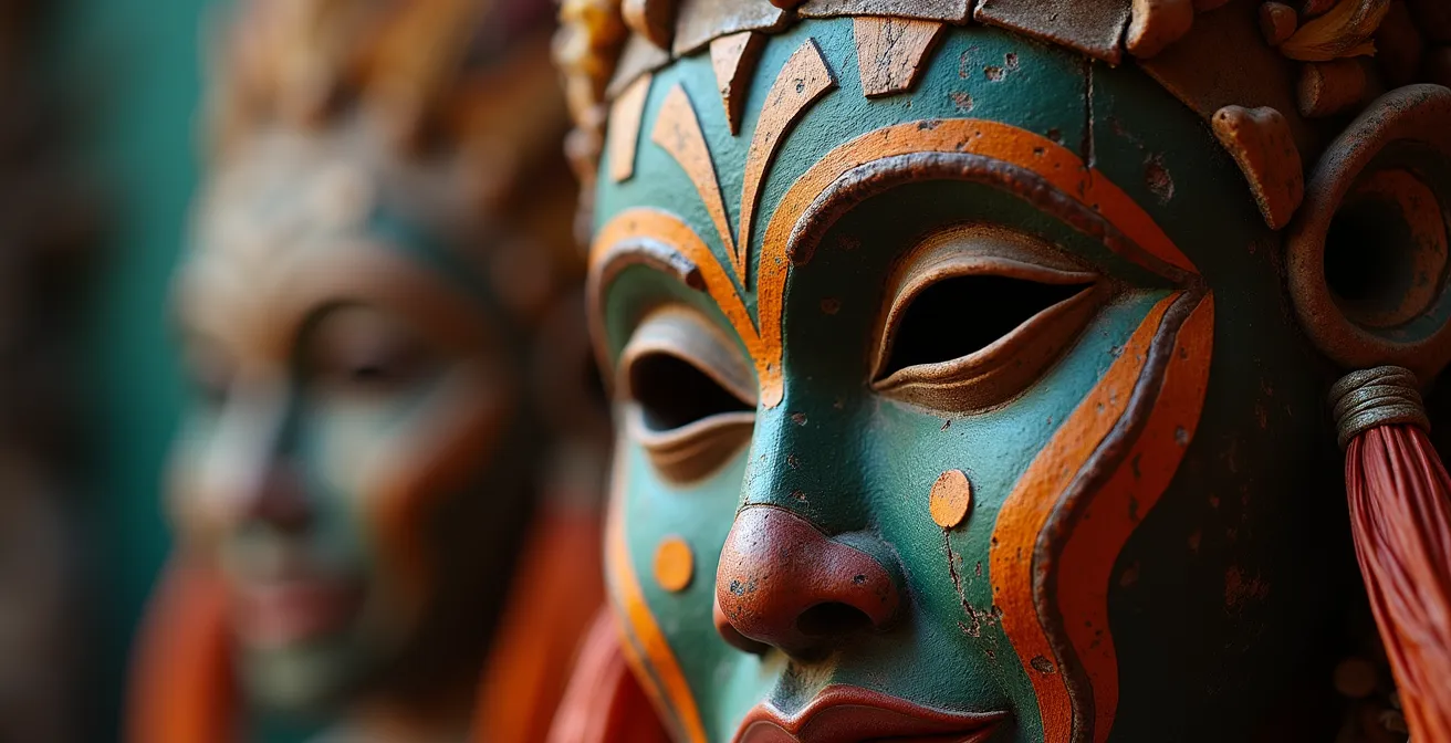 Extreme Nahaufnahme einer handgefertigten traditionellen Boruca-Maske, die Authentizität zeigt