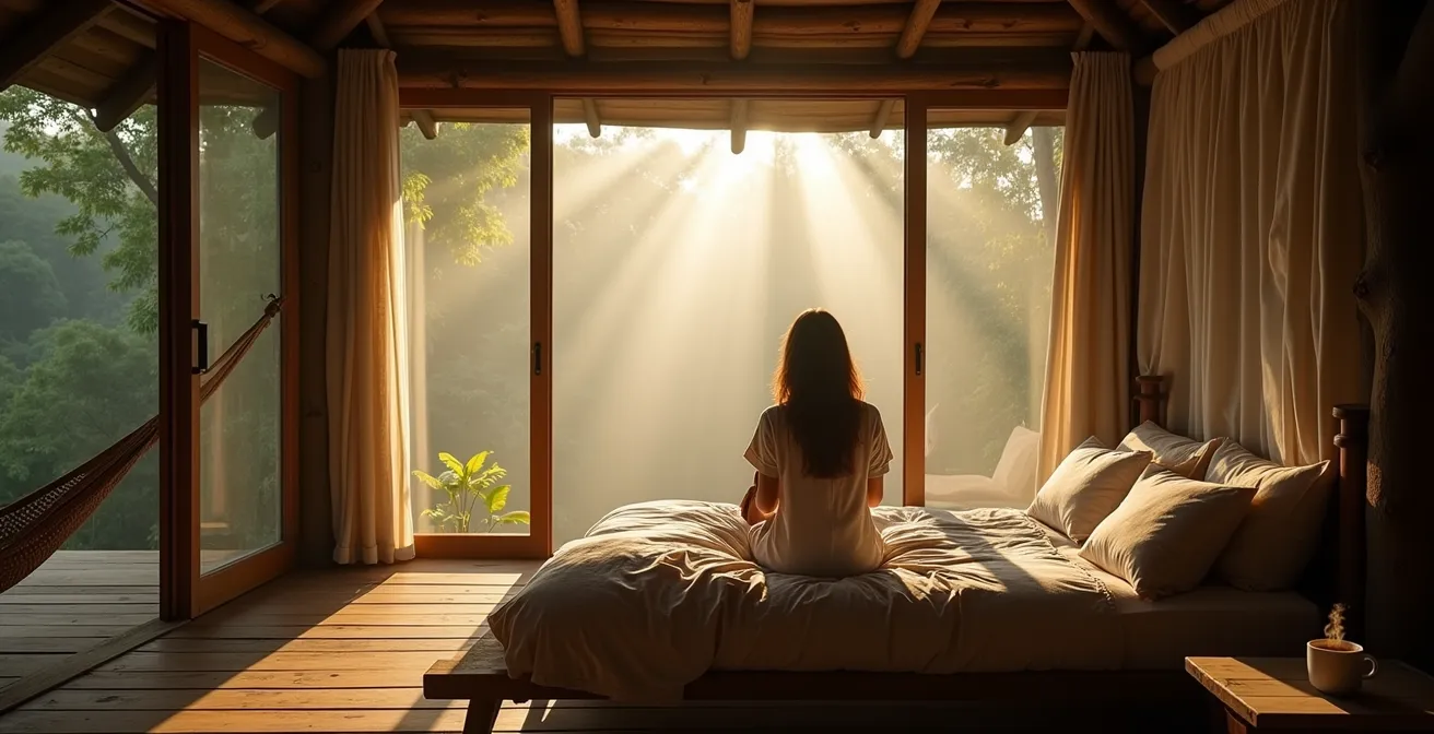 Gemütlicher Innenraum eines Baumhauses mit Holzmöbeln und Panoramafenster zum Dschungel