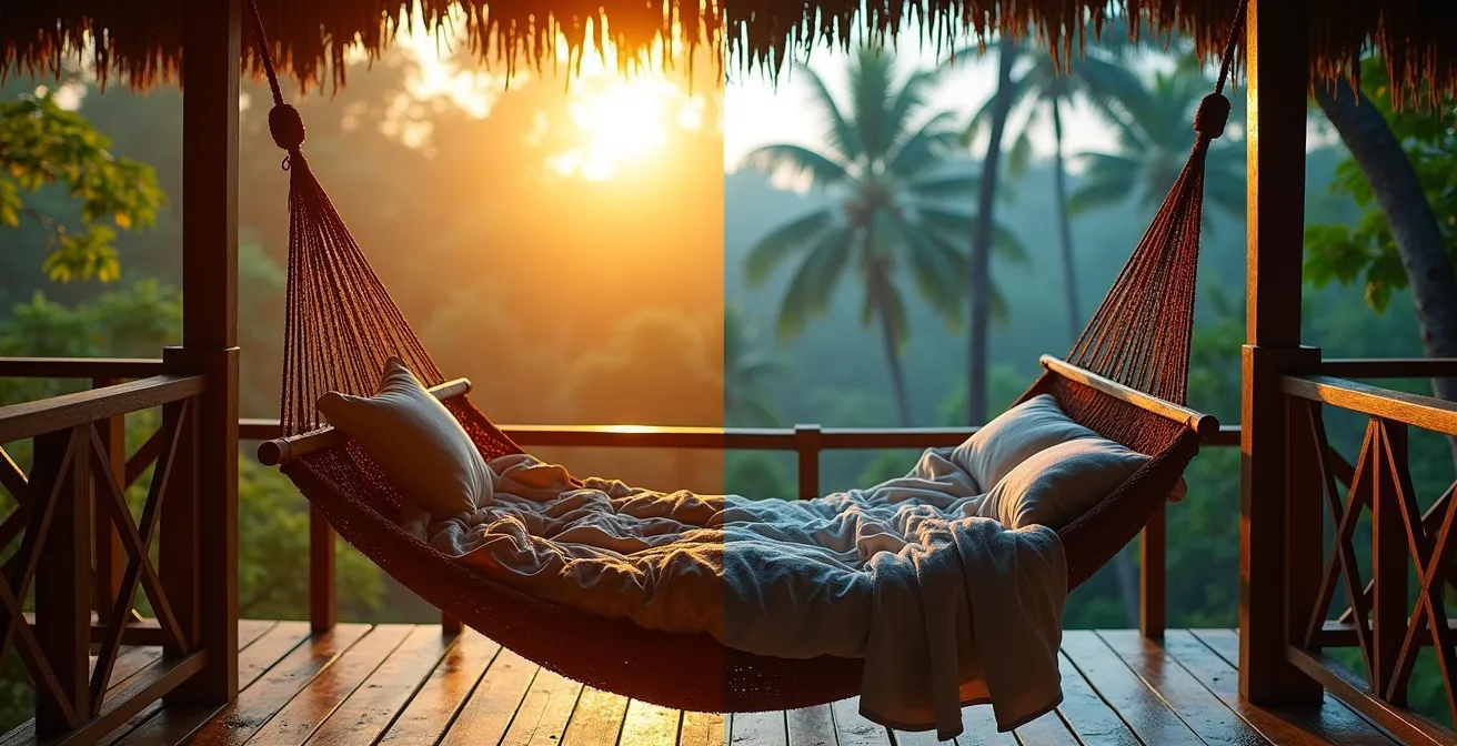 Weitwinkelaufnahme einer Baumhausterrasse mit Hängematte und spektakulärem Ausblick über den Regenwald
