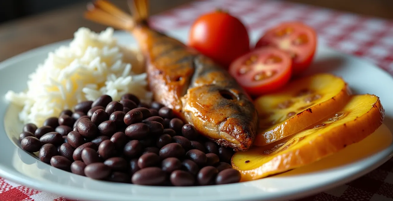 Traditioneller Casado-Teller mit Reis, Bohnen und frischen Zutaten in einem lokalen Soda