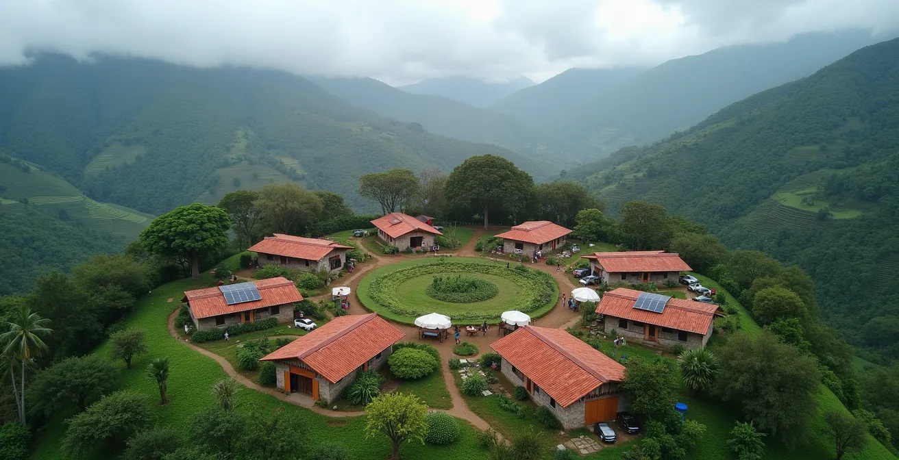 Traditionelles Dorf in der Zona de los Santos mit Kaffeeplantagen und Solarpanels