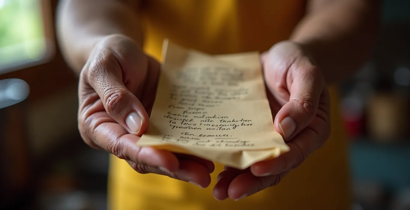 Nahaufnahme von Händen, die eine handgeschriebene Rezeptkarte austauschen, ein Symbol für kulturellen Austausch und Freundschaft.