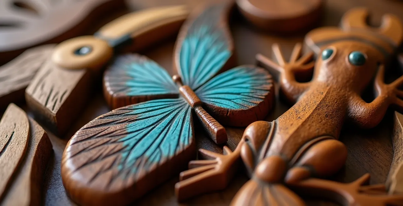 Detailaufnahme traditioneller costa-ricanischer Holzschnitzereien mit typischen Tiermotiven