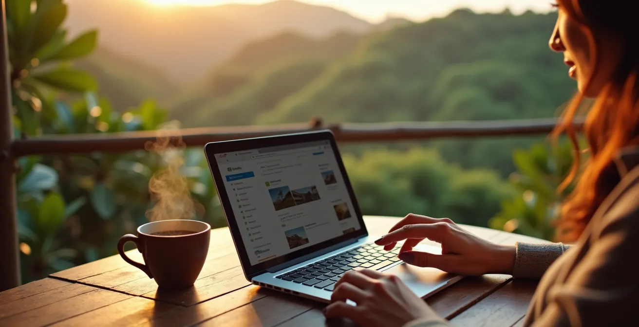 Laptop mit Wohnungsanzeigen auf einer Terrasse mit Blick auf costa-ricanische Kaffeeplantagen