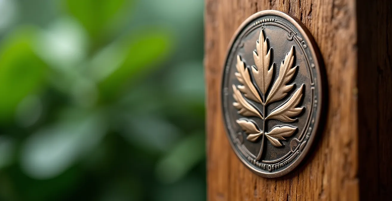 Detailaufnahme der CST-Zertifizierungsplakette mit fünf Blättern