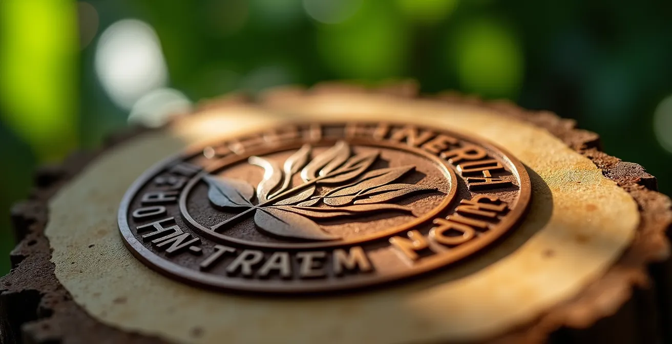 Detailaufnahme des offiziellen CST-Siegels auf handgefertigtem Holzschild