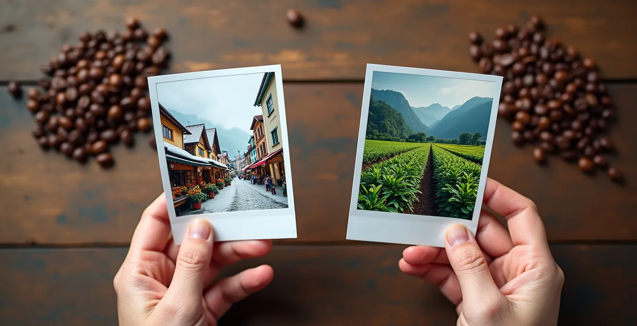 Hände halten Fotos vom Alltag in Deutschland und Costa Rica nebeneinander