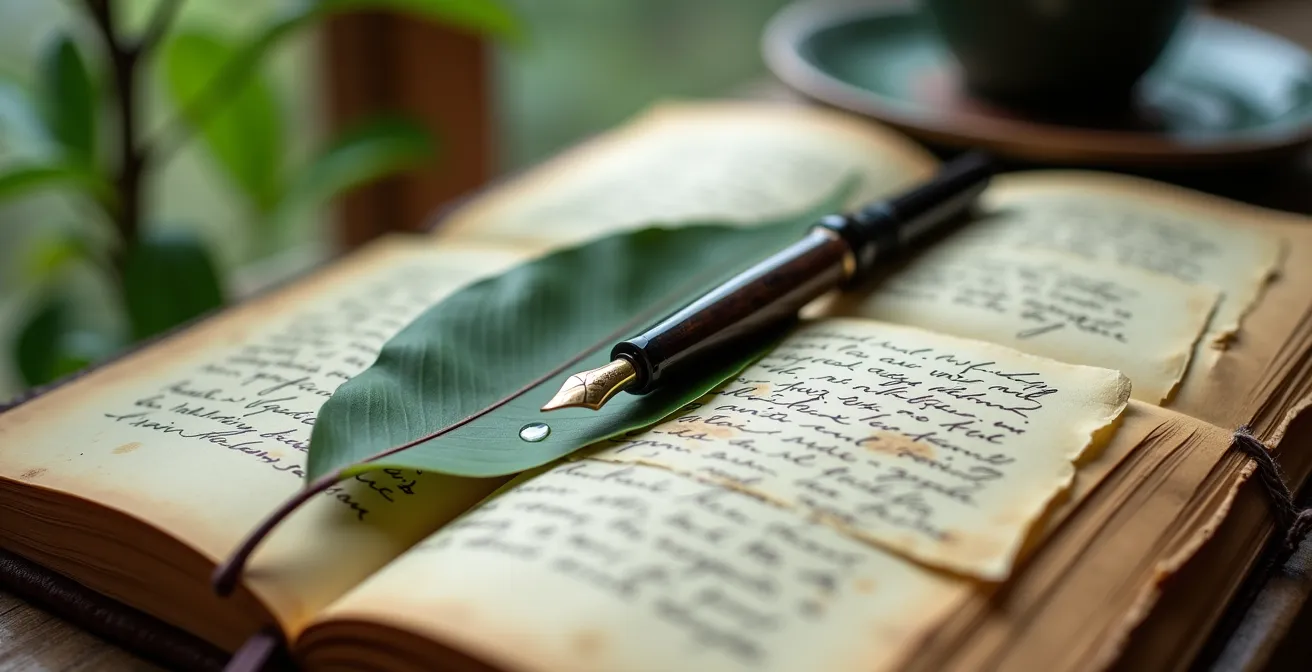 Nahaufnahme eines handgeschriebenen Reisetagebuchs mit getrockneten tropischen Blättern