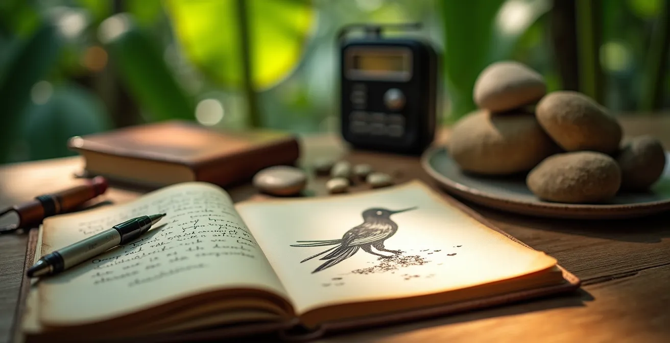 Nahaufnahme verschiedener Dokumentationsmethoden - handschriftliches Journal, Skizzen, Audiorekorder in tropischer Umgebung