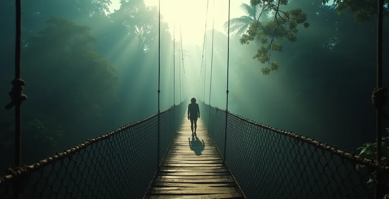 Person auf Hängebrücke im Nebelwald, metaphorisch für emotionale Übergangsphase