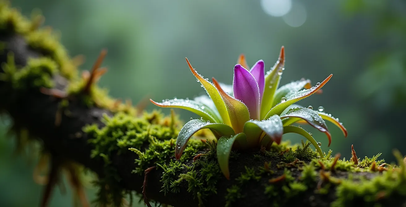 Makroaufnahme von Epiphyten wie Bromelien und Orchideen auf einem moosbewachsenen Ast im Nebelwald