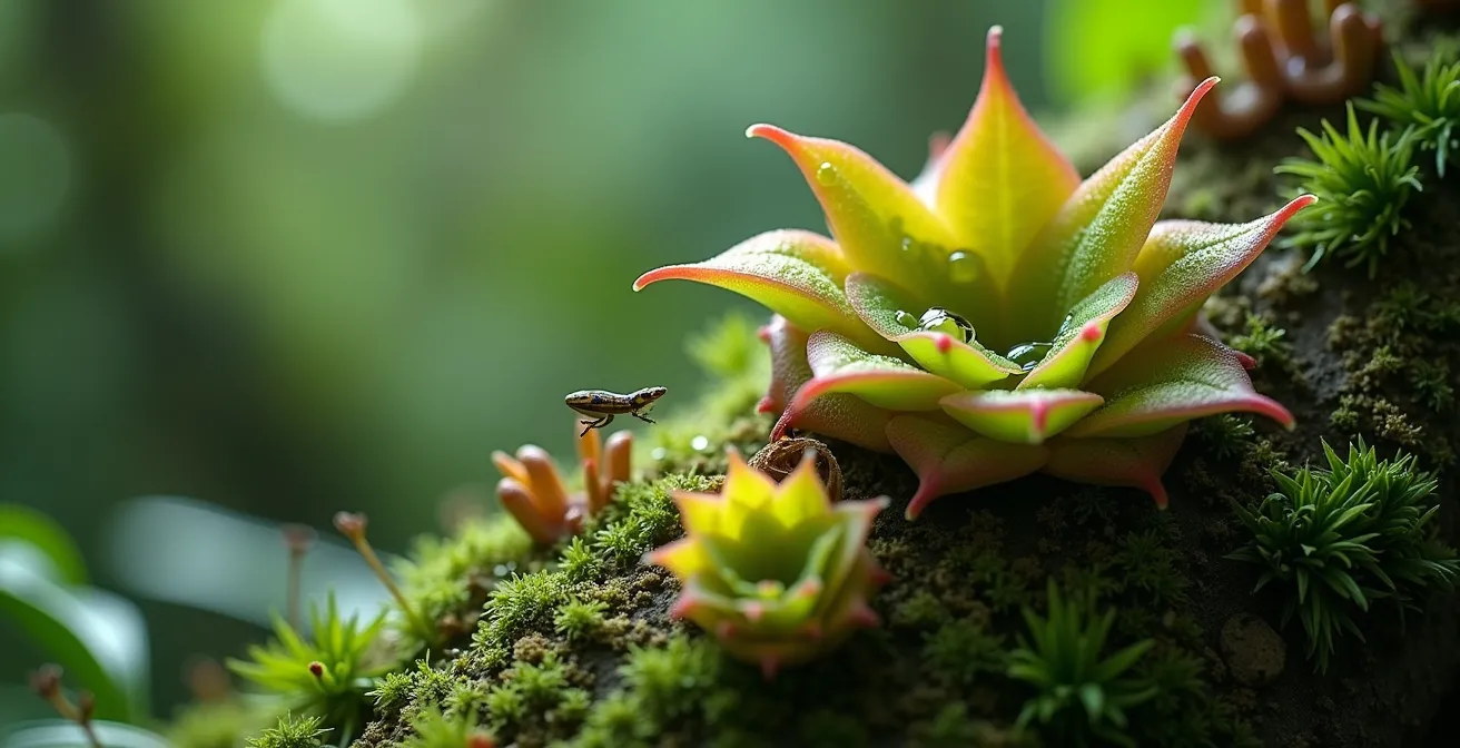 Nahaufnahme von Bromelien und Moosen als Epiphyten auf Baumstämmen