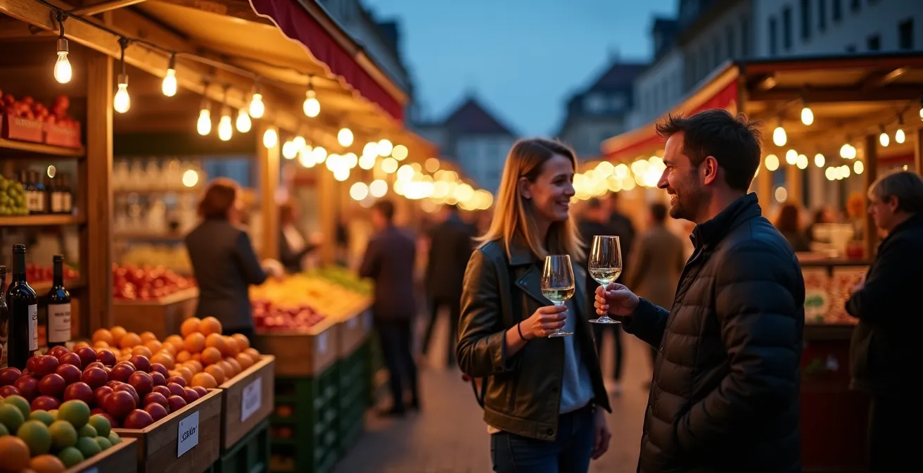 Feierabendmarkt in der Abenddämmerung mit Menschen bei Wein und Gesprächen