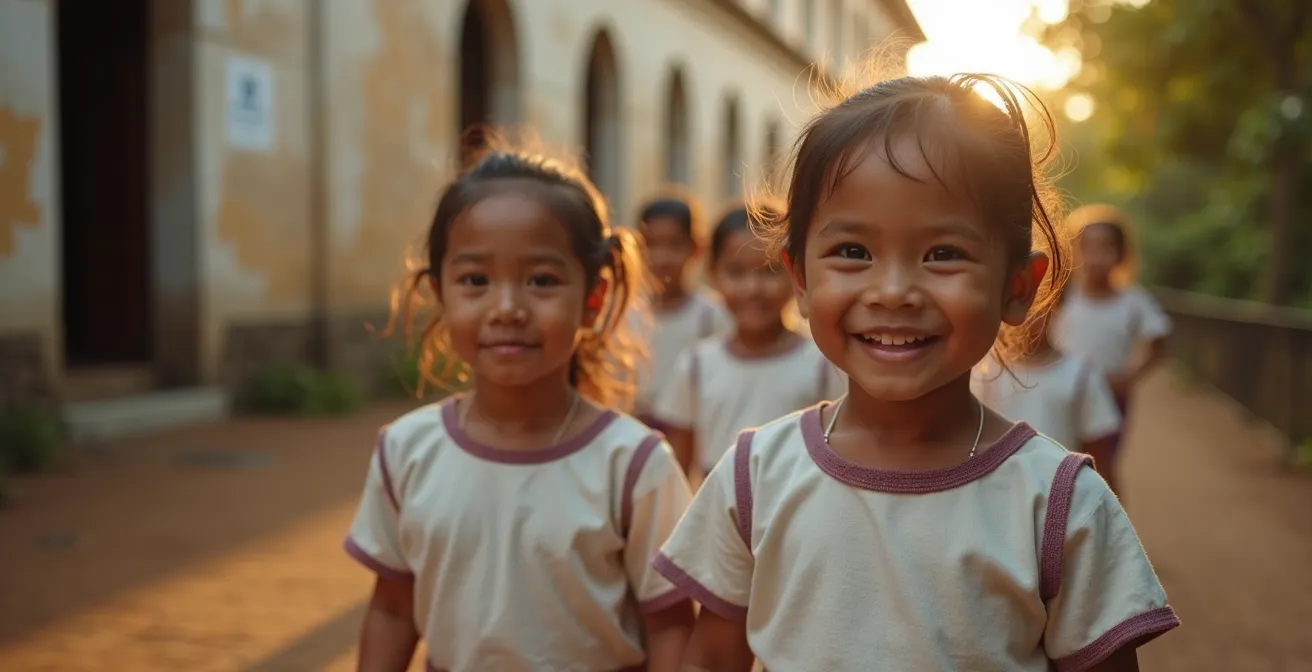 Schulkinder in Uniformen vor einem historischen Schulgebäude in Costa Rica, symbolisch für die hohen Investitionen in Bildung nach der Armeeabschaffung.