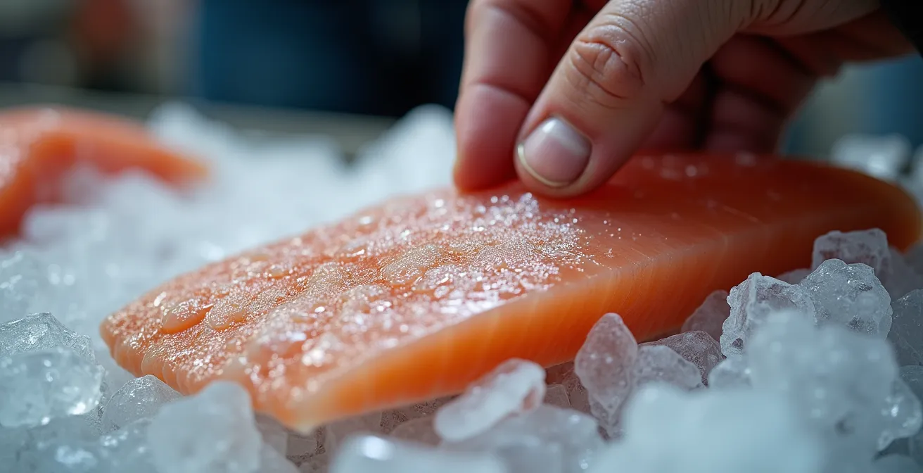 Detailaufnahme zur Frischeprüfung von Fisch für Ceviche, bei der die feste Textur des Filets geprüft wird.