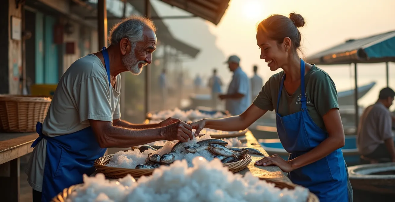 Ein lokaler Fischer verkauft seinen fangfrischen Fisch auf einem morgendlichen Markt an der Pazifikküste Costa Ricas.
