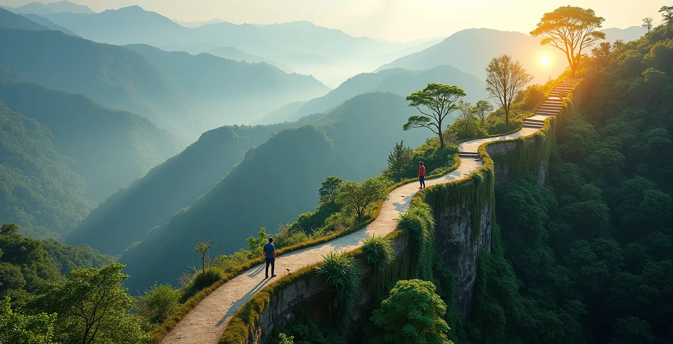 Spiralförmiger Pfad durch verschiedene Landschaften von deutscher Stadt zu costa-ricanischem Dschungel und zurück