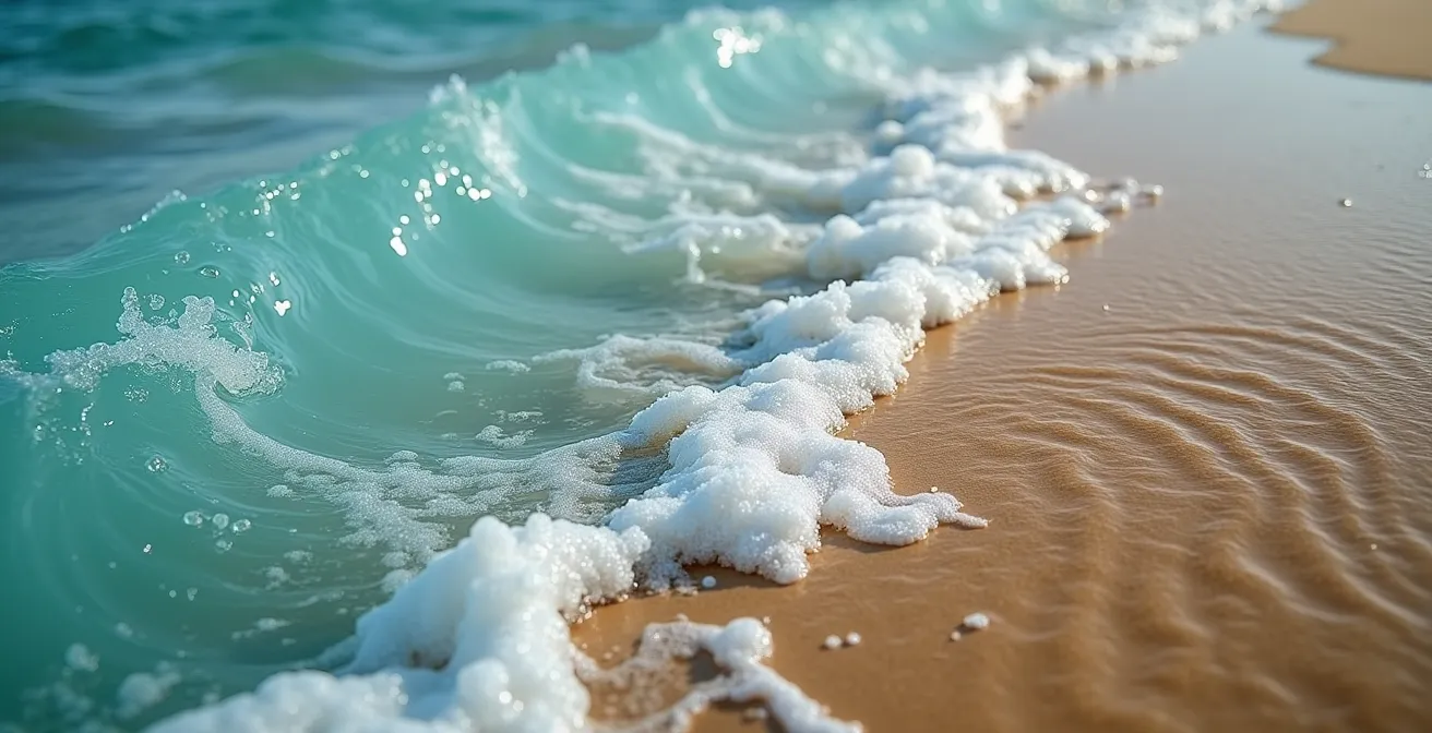 Luftaufnahme zeigt Rip-Strömungen mit charakteristischen Wassermustern am tropischen Strand