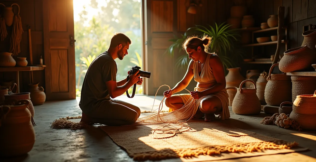 Ein Reisender fotografiert lokale Handwerksprodukte während ein Einheimischer die Arbeit erklärt