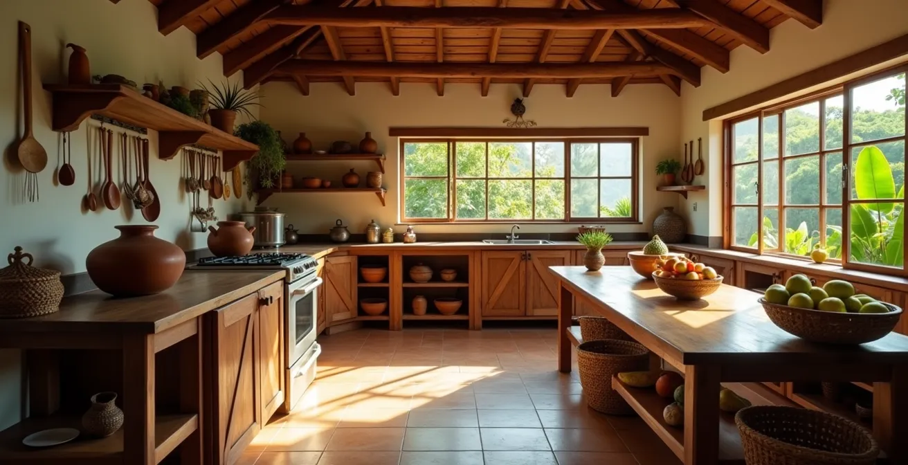 Offene Gemeinschaftsküche in costa-ricanischer Familienpension mit traditionellem Kochgeschirr