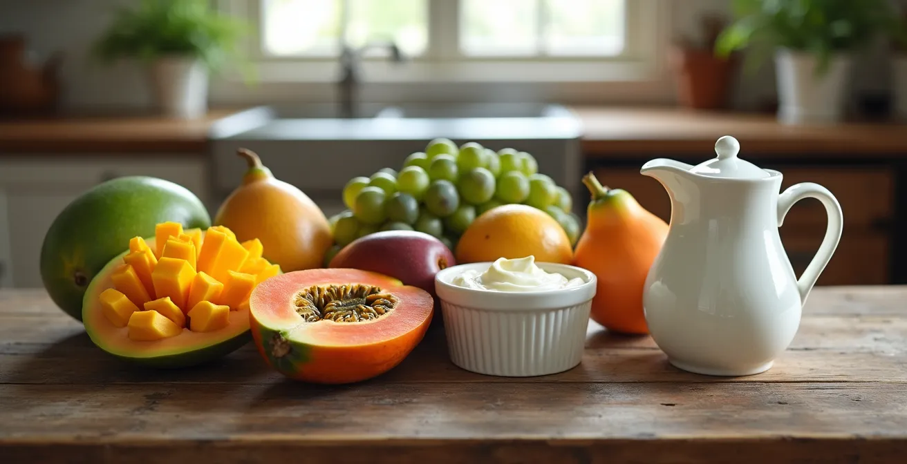 Tropische Früchte wie Mango und Papaya kunstvoll neben deutschen Milchprodukten wie Quark und Sahne arrangiert