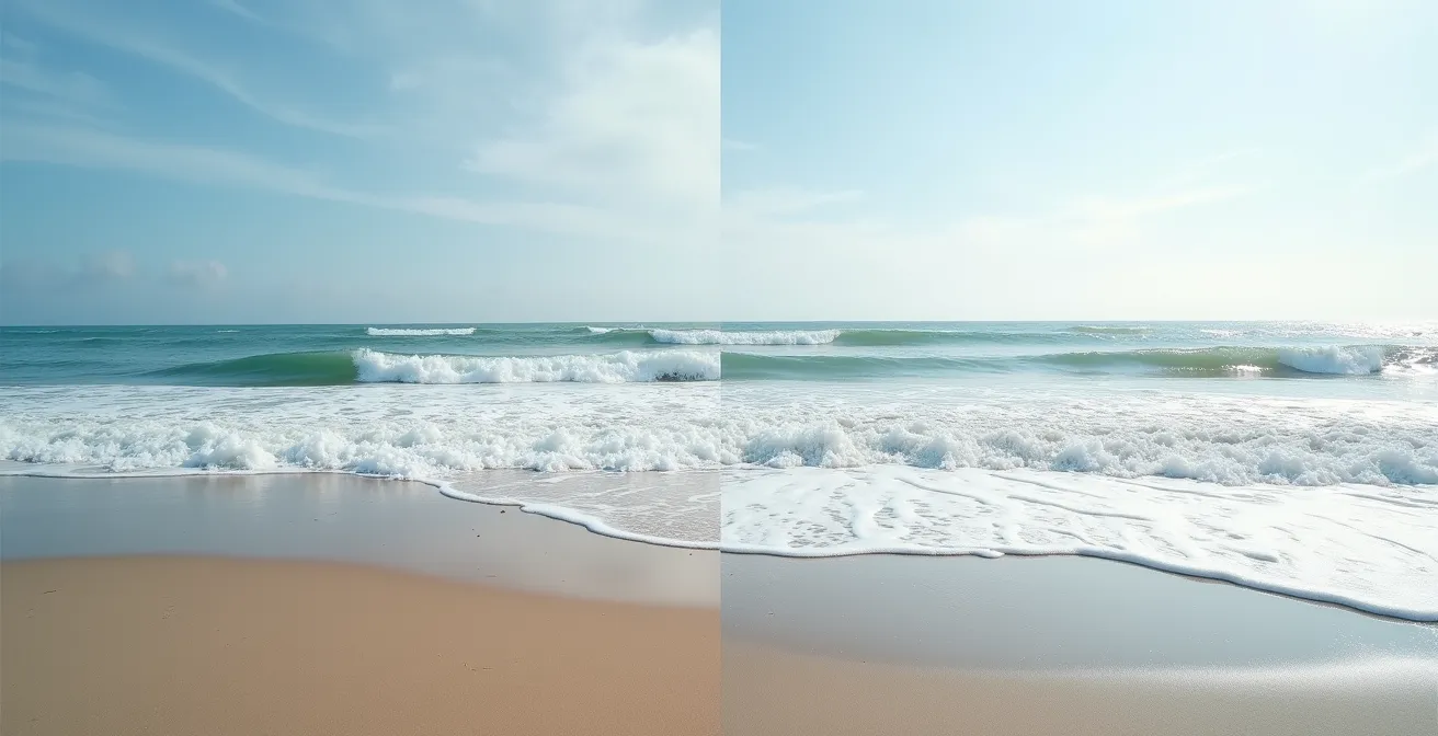 Geteiltes Bild zeigt denselben Strand bei Ebbe mit sanften Wellen und bei Flut mit kraftvollen Shorebreaks