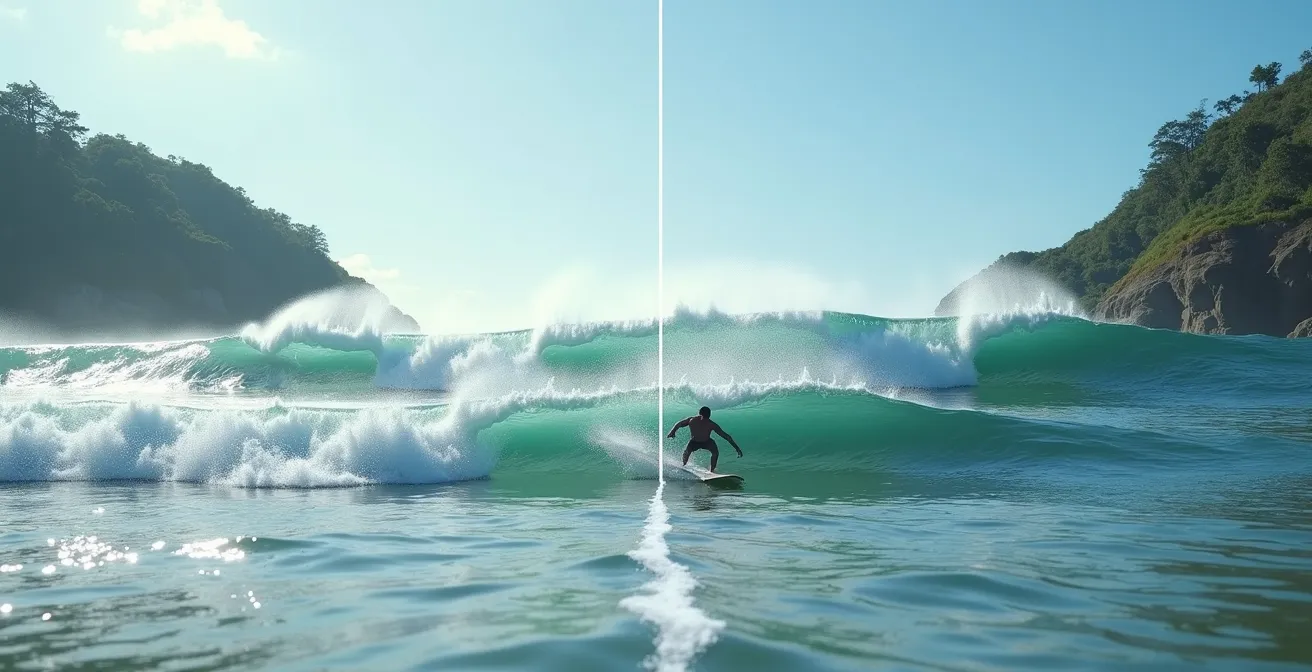 Vergleichsdarstellung desselben Surfspots bei unterschiedlichen Gezeiten und Windverhältnissen in Costa Rica