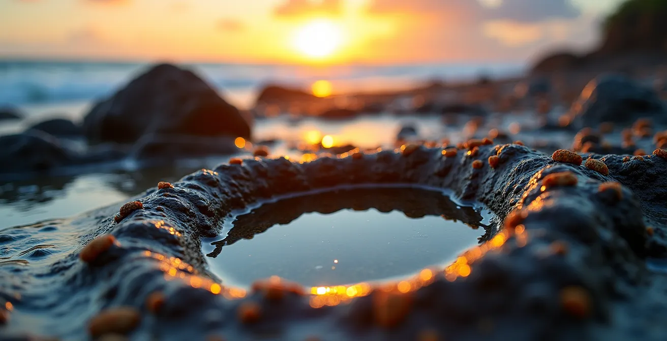 Gezeitentümpel reflektieren den goldenen Sonnenuntergang am Playa Santa Teresa