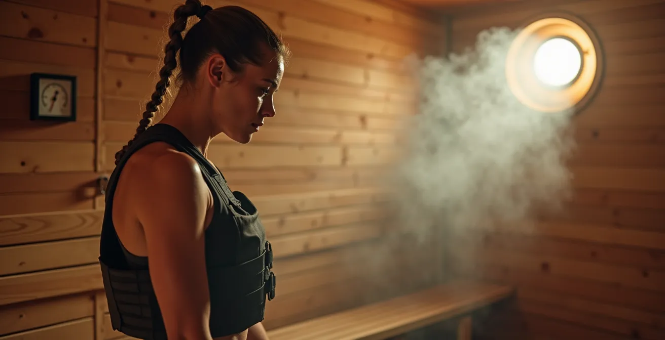 Sportler trainiert mit Rucksack in dampfender Sauna zur Vorbereitung auf Tropenklima