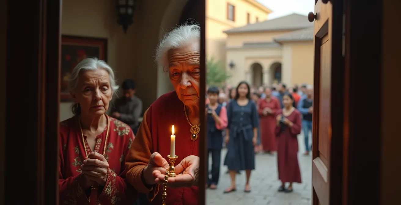 Geteilte Szene zeigt links eine einheimische Familie beim privaten Gebet während eines Festes, rechts Touristen, die eine Prozession aus der Ferne fotografieren.