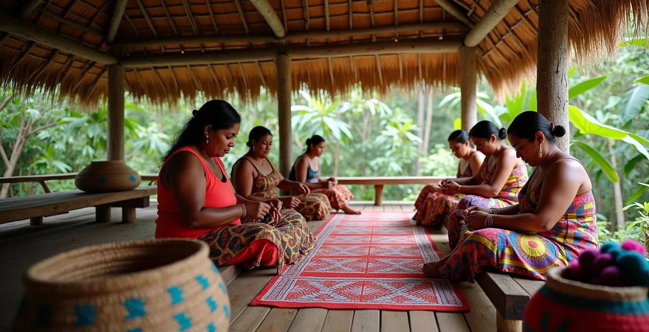 Bribri-Frauen beim traditionellen Weben in gemeinschaftlicher Werkstatt
