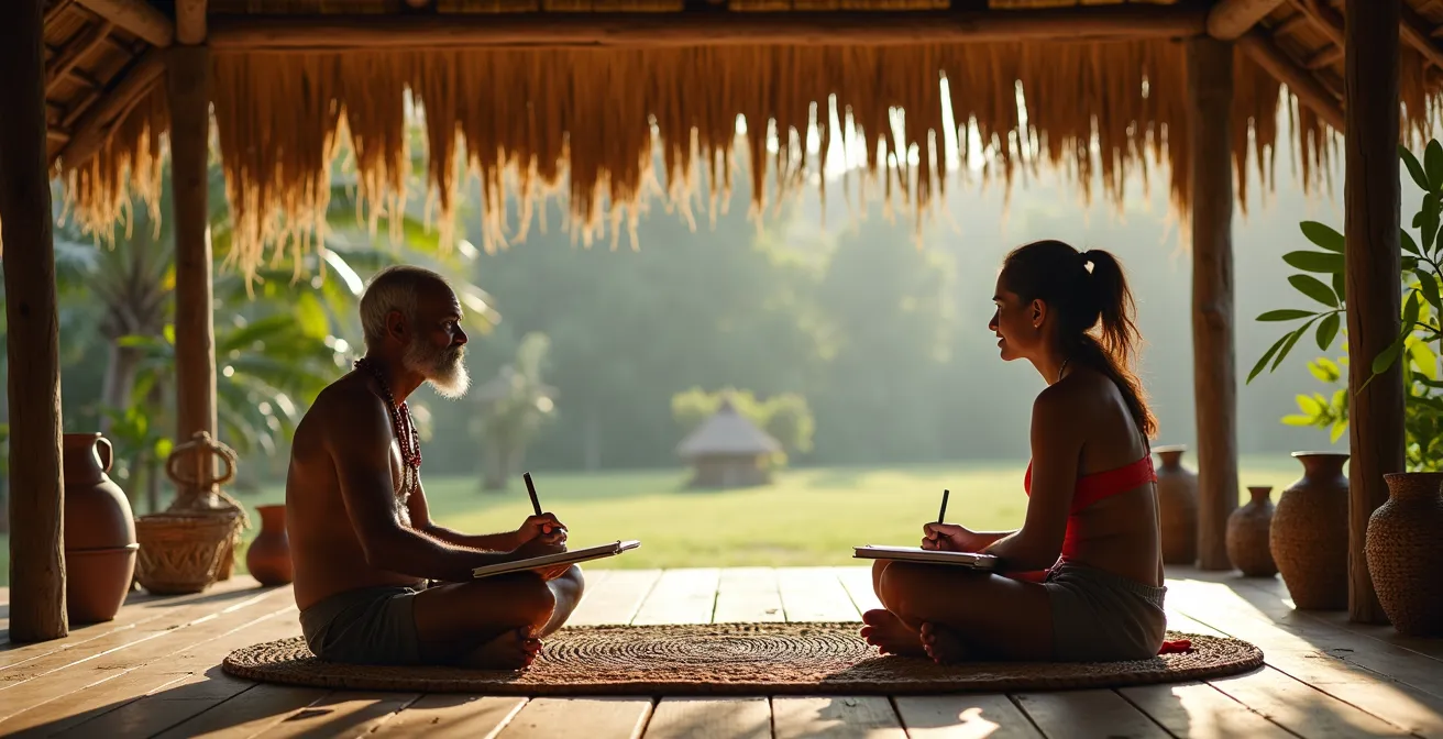 Respektvolles Gespräch zwischen Forscher und indigenem Ältesten im traditionellen Umfeld