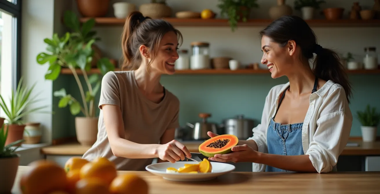 Zwei Reisende teilen sich eine Papaya in einer sonnendurchfluteten Hostelküche