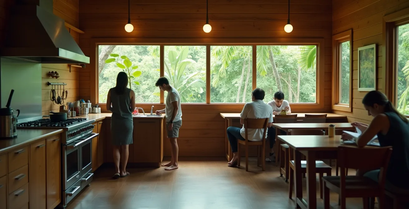 Introvertierte Reisende bei gemeinsamen Aktivitäten in einem costa-ricanischen Hostel