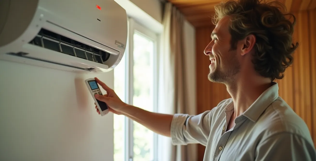 Ein Gast stellt zufrieden eine moderne, leise Split-Klimaanlage in einem tropischen Hotelzimmer ein.