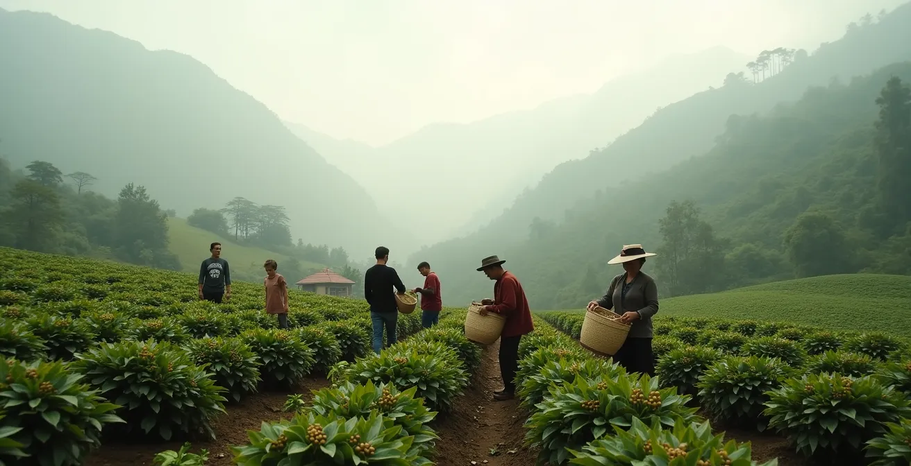Ländliche Gastfamilie bei der Kaffeeernte auf ihrer kleinen Finca mit Blick auf grüne Berge