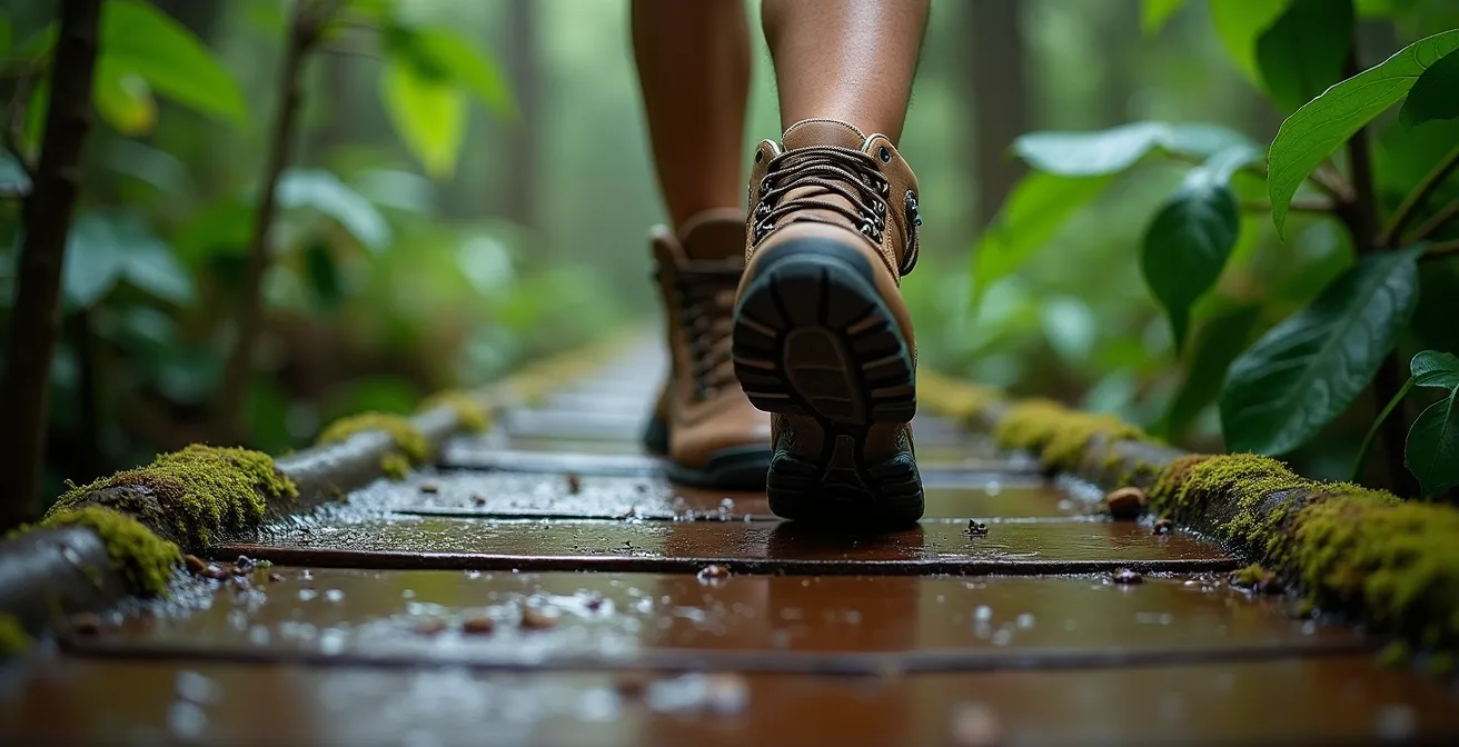 Wanderer auf nachhaltigem Holzsteg im feuchten Regenwald Costa Ricas