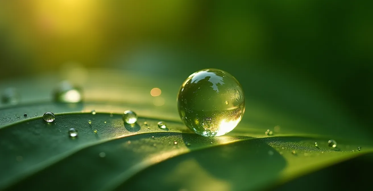 Makroaufnahme eines Wassertropfens auf einem grünen Blatt im Morgentau