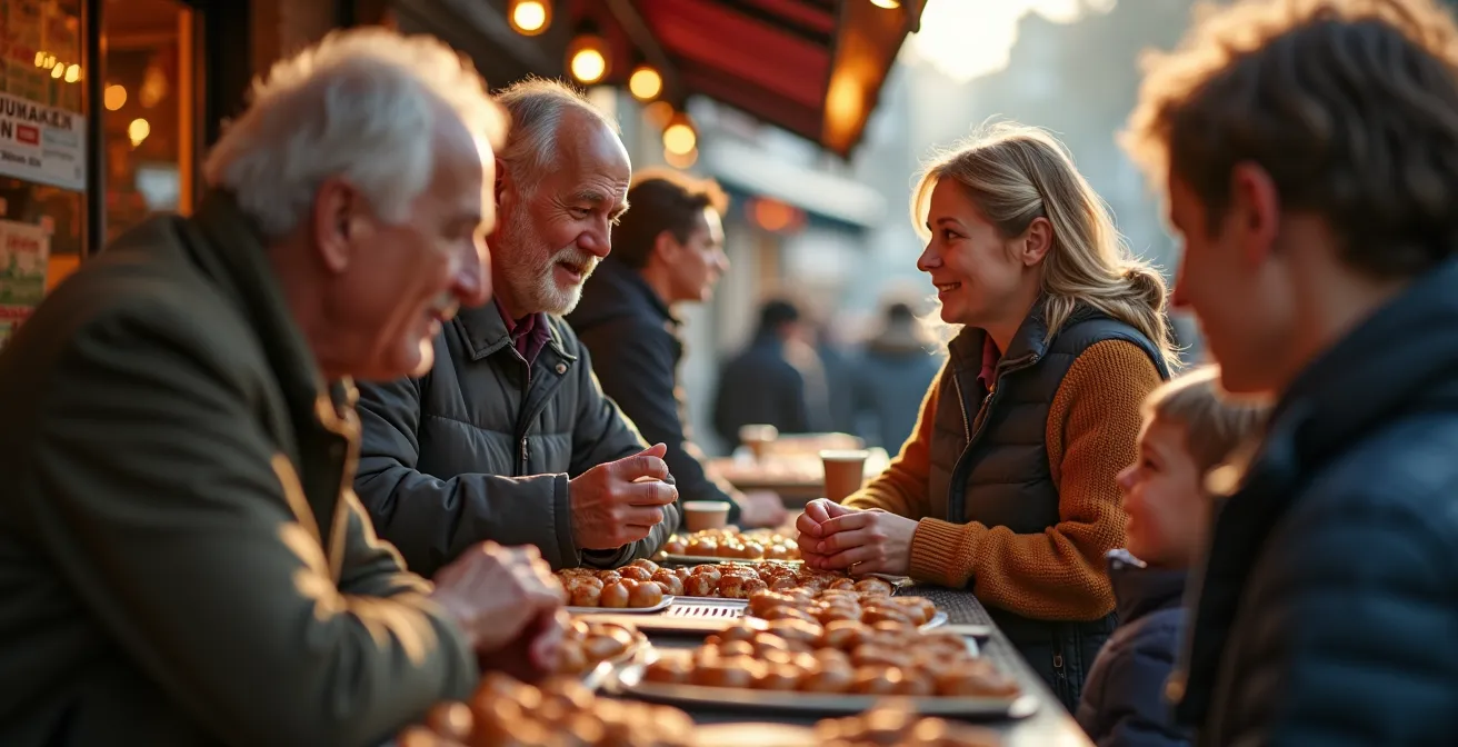 Menschen verschiedener Generationen treffen sich am Imbissstand eines deutschen Wochenmarktes