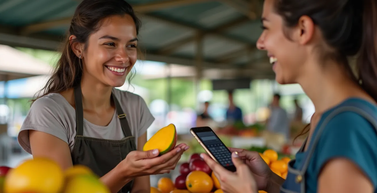 Freundliche nonverbale Kommunikation zwischen Tourist und Marktverkäufer in Costa Rica