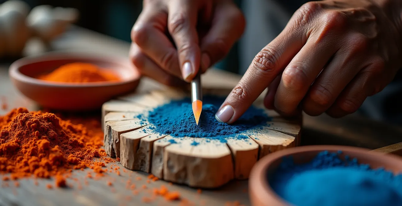 Makroaufnahme traditioneller Boruca-Maskenschnitzerei mit natürlichen Pigmenten