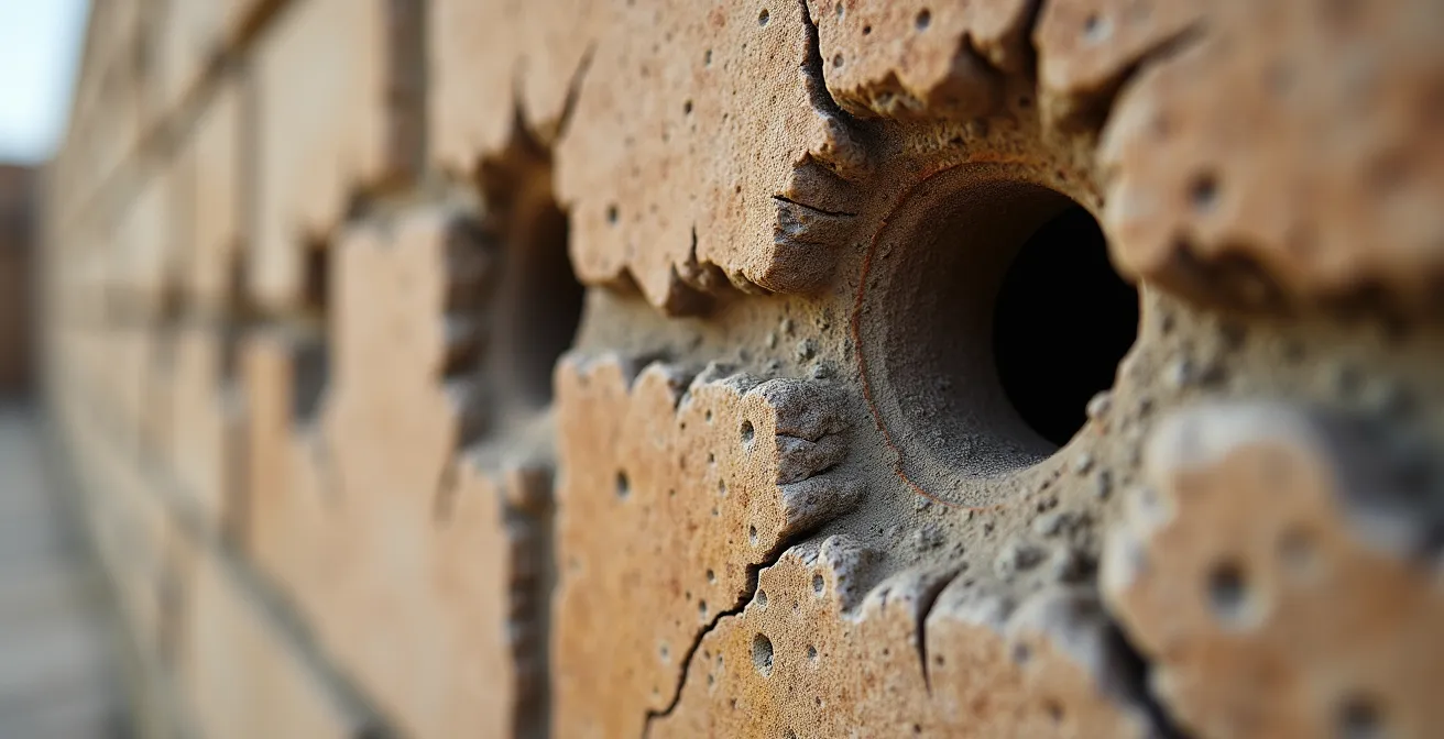 Historische Festungsmauern des Museo Nacional mit sichtbaren Einschusslöchern von 1948 als Mahnmal des Bürgerkriegs