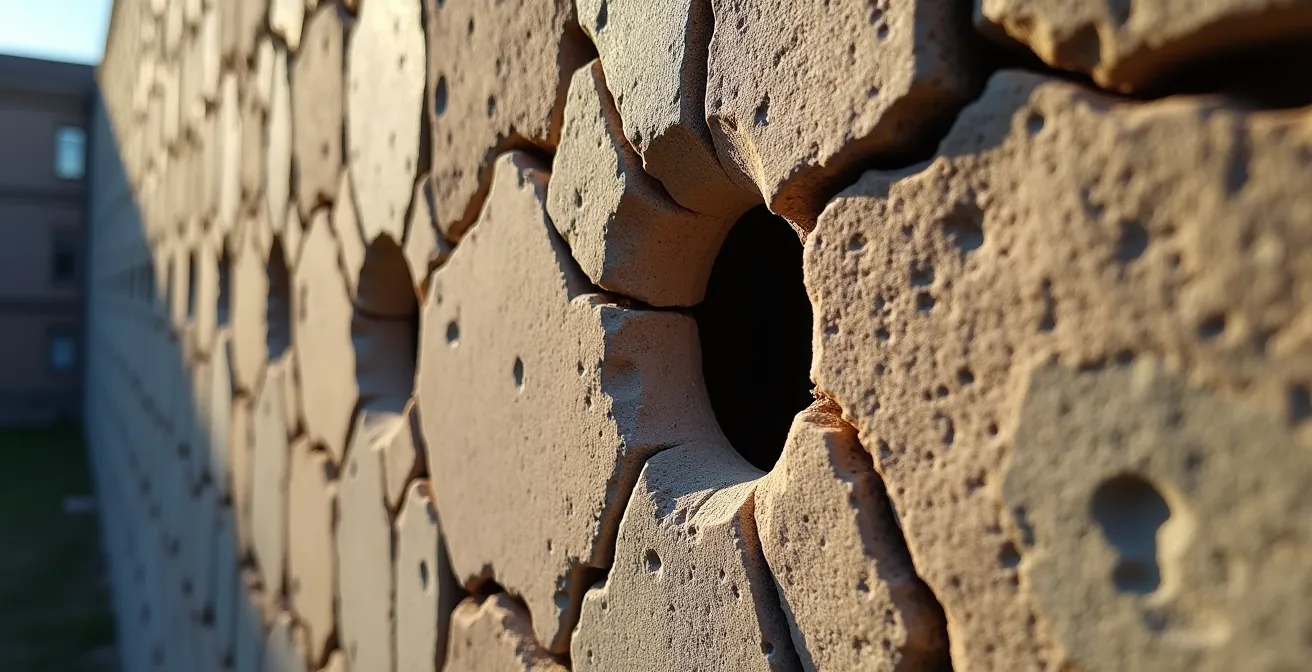 Detailaufnahme der erhaltenen Einschusslöcher in der Steinmauer des ehemaligen Cuartel Bellavista, die heute als Mahnmal dienen.