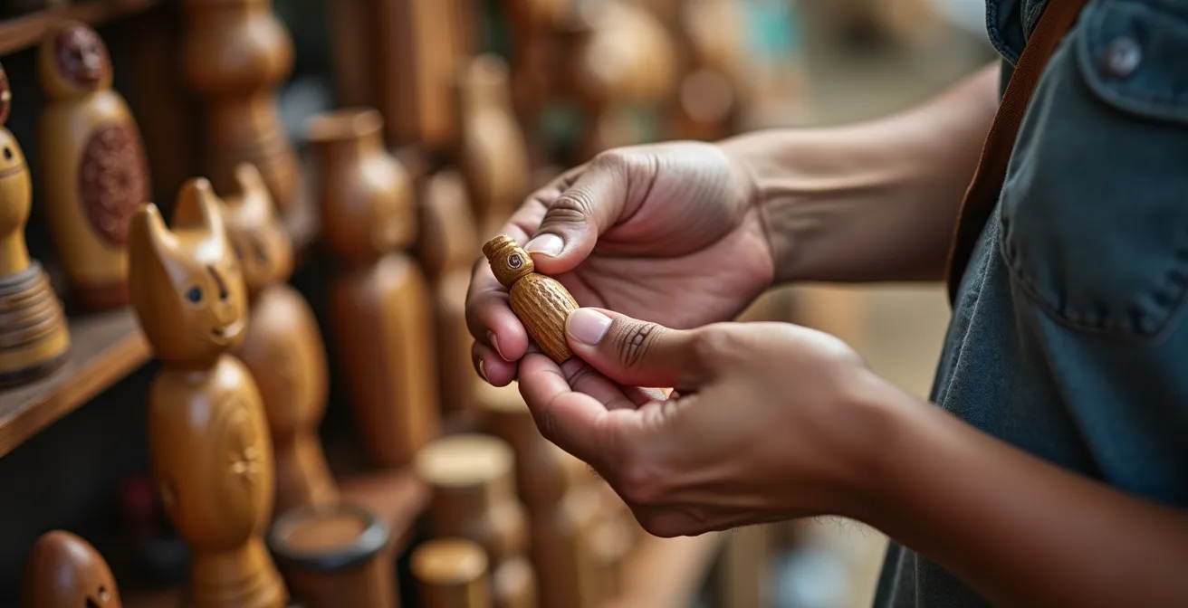 Nahaufnahme einer Hand, die ein FSC-Siegel auf Holzprodukten prüft