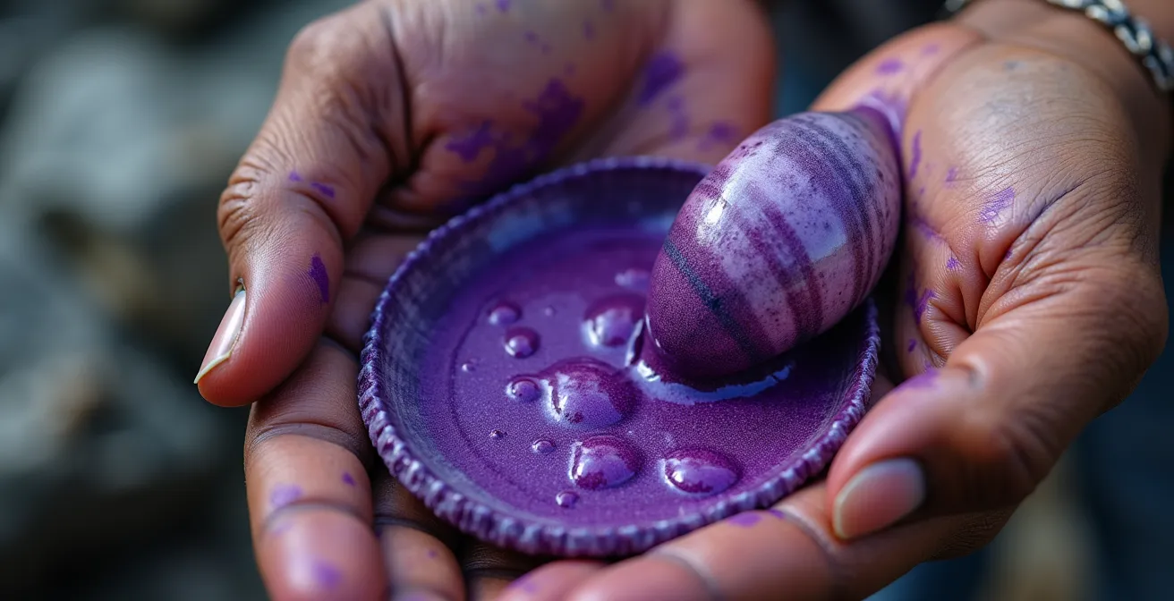 Makroaufnahme von Purpurfarbstoff-Extraktion aus Meeresschnecke für traditionelle Boruca-Textilien