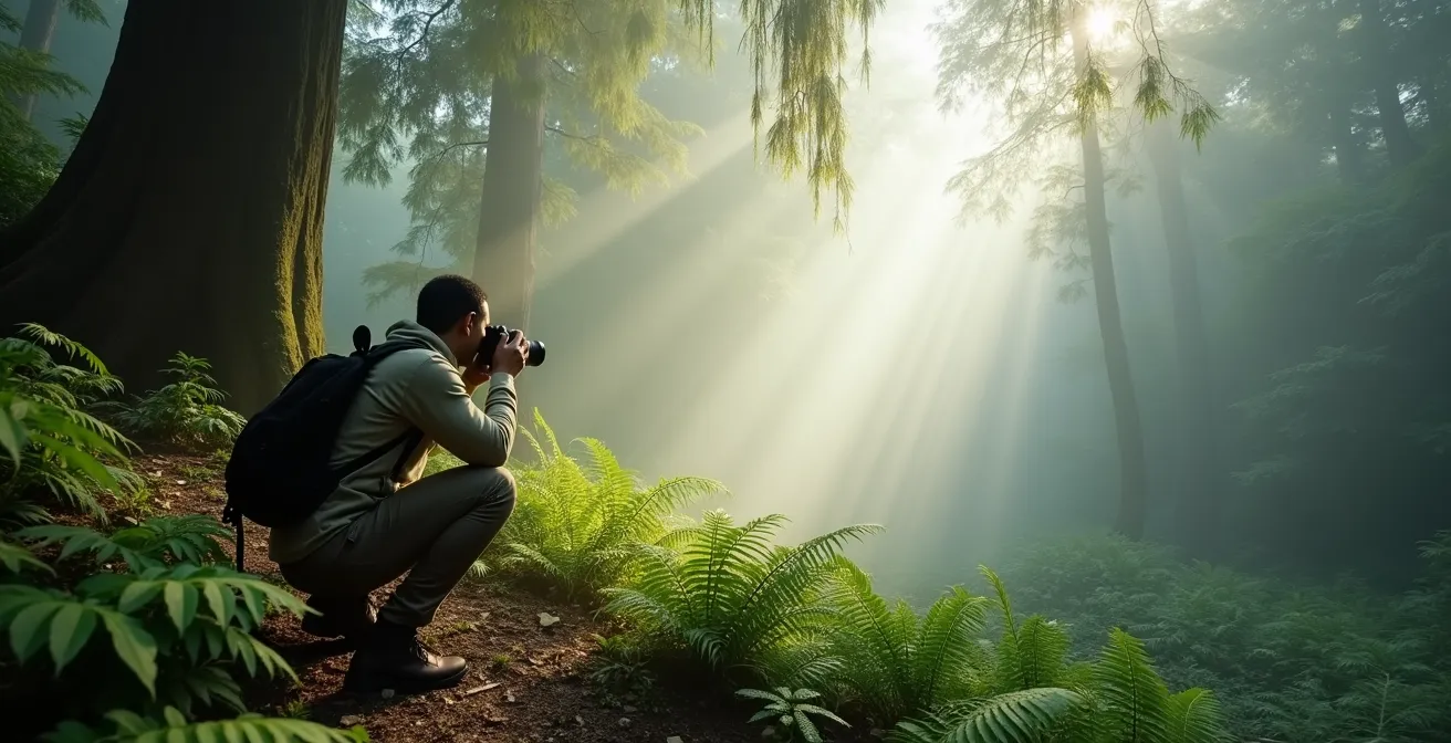 Atmosphärische Nachmittagsaufnahme des Nebelwaldes mit weichem Licht